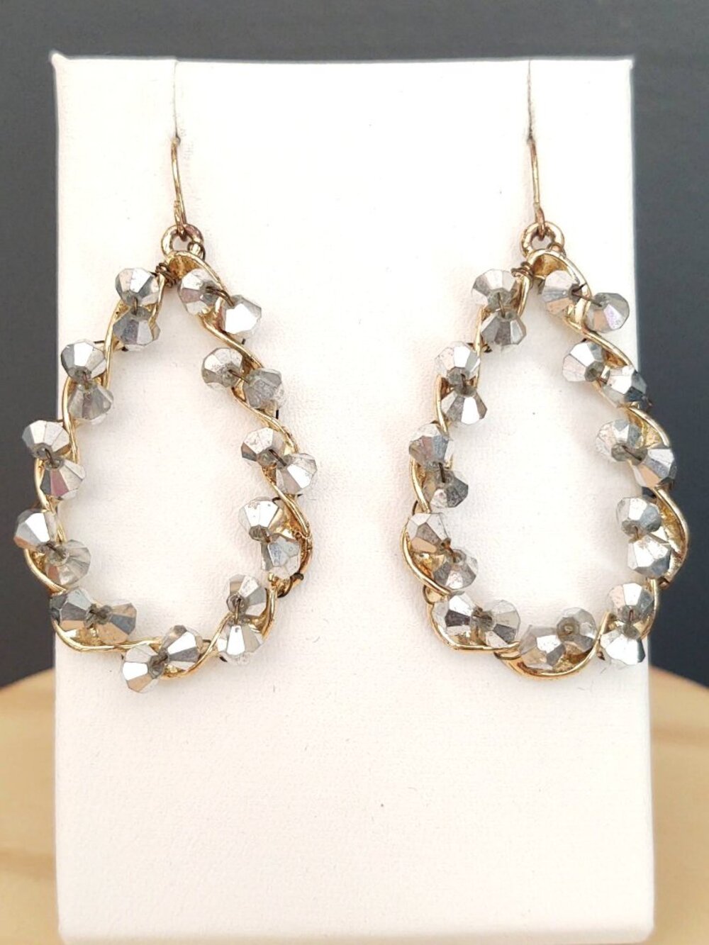 Silver sparkle beaded teardrop shaped earrings